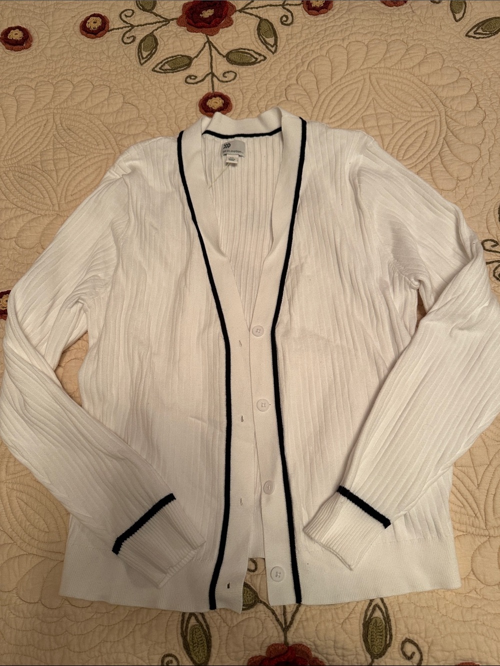 White Ribbed Cardigan with Black Trim